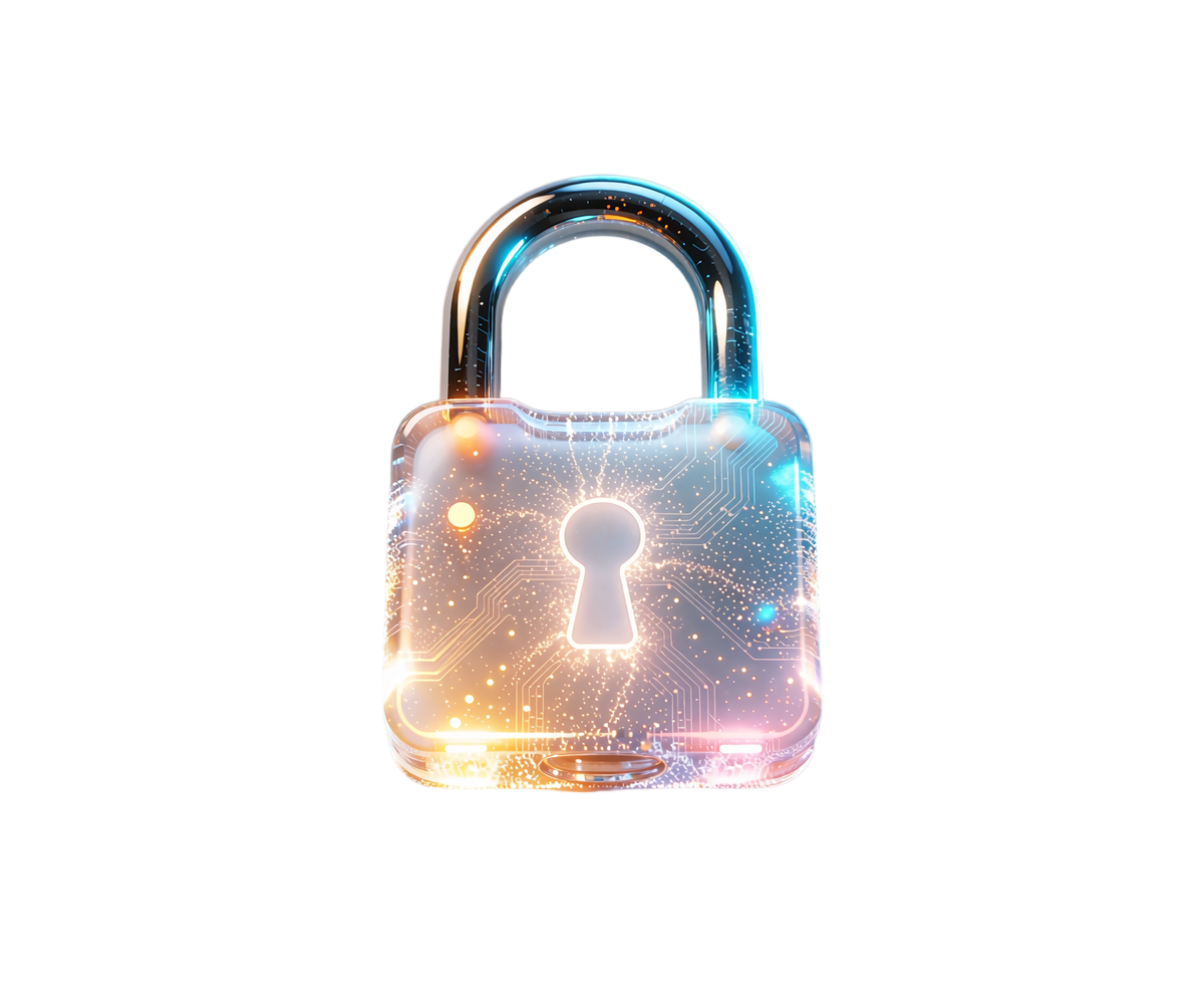 Glowing glass padlock with cyan and amber light, illustrating privacy and discretion on dating apps in this elvori review
